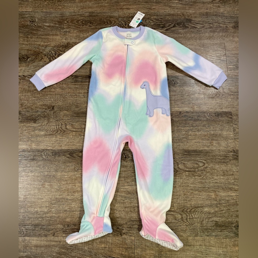 Carter’s Girls Footed Fleece Pajamas Pastel Pink Purple Dinosaur Size 3T